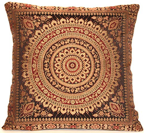 Ruwado Handgewebt und Handgefertigt Indische Banarasi Seide Kissenbezug, Zierkissenbezug, Sofakissenbezug, Dekokissen - Mandala Muster 40 x 40 cm | 16 x 16 Zoll, Schwarz-2