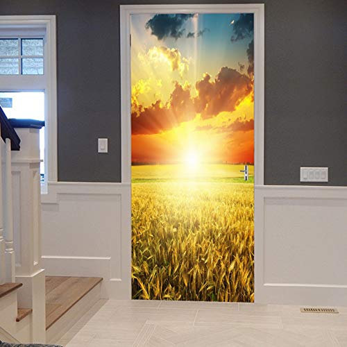 A.Monamour Türtapete Selbstklebend Türfolie Türposter 3D Goldene Weizen Feld Ernte Rote Bewölkte Himmel Sonnenuntergang Landschaft Vinyl Folie Türdeko Tapete Wandbild Türaufkleber Türtattoo 77 x 200cm