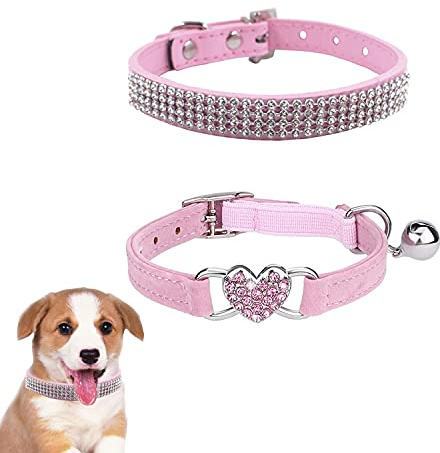 2 Stuck Strass Hundehalsband, Bling Glitzernd Leder Katzenhalsband und Verstellbarer Kragen aus Weichem Samt mit Strasssteinen Diamant Halsband Haustier für Kleine Hunde Katzen Hundedekor (Pink)