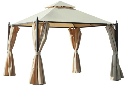 Outsunny Cenador de Jardín 3x3m Gazebo con Doble Techo 4 Cortinas Laterales Mejor Ventilación Exterior Espacioso para Fiesta Eventos Barbacoa Beige
