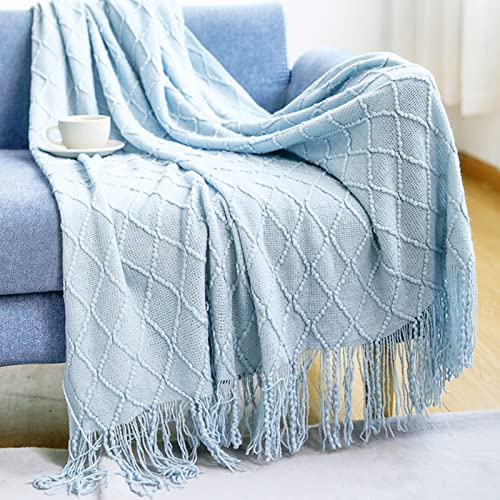 LumiSyne Knitted Throw Blanket With Tassel Solid Color Geometric Plaid Pattern Cozy Couch Cover Soft Bedspread Decorative Blanket For Sofa Bed Settee 230x130cm