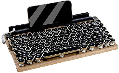 ASHATA Retro Schreibmaschine Tastatur, 83 Tasten Kabellose Schreibmaschinen-Tastatur, Punk-Schreibmaschinen-Stil, mit Notebook- und Handyhalter, Einstellbare Helligkeit, für