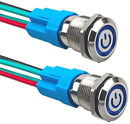 Aiqeer 2 Stück 12 mm Rastend Druckschalter, 12V / 24V 3A Auto Zündung Starter Schalter, IP66 Wasserdichter Edelstahl Druckschalter, mit Vorverdrahteter Steckdose (Blau LED)