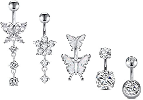 Incaton 14G Belly Button Rings, Stainless Steel Diamond Belly Rings For Women, Dangle Belly Button Rings With Butterfly, 6mm Short Bar Navel Piercings Silver 6mm