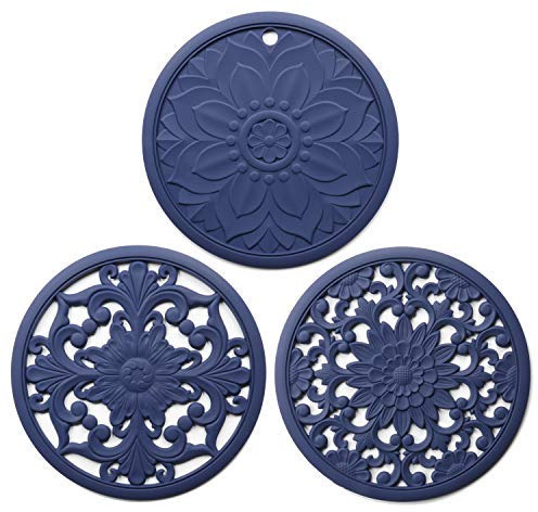 Silicone Trivet Mats, 3 Heat Resistant Pot Holders, Multipurpose Non-Slip Hot Pads for Kitchen Countertops & Table (Blue)