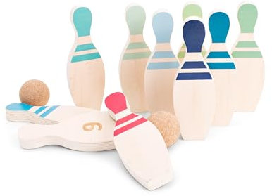 BS Toys Holzkegelspiel - Indoor- und Outdoor-Spielzeug - Fördert Teamarbeit und Mustererkennung - Für Kinder ab 3 Jahren und älter - 2-4 Spieler