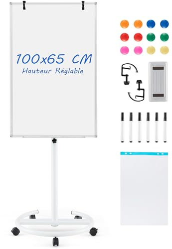 GOPLUS Tableau Blanc Mobile Magnétique avec Hauteur Réglable, Tableau Blanc Rotatif à 360° avec 4 Roues, Effaceur, Aimants, Tableau Effaçable, pour École,Bureau (Blanc|Base Rond, 65l x 100H cm)