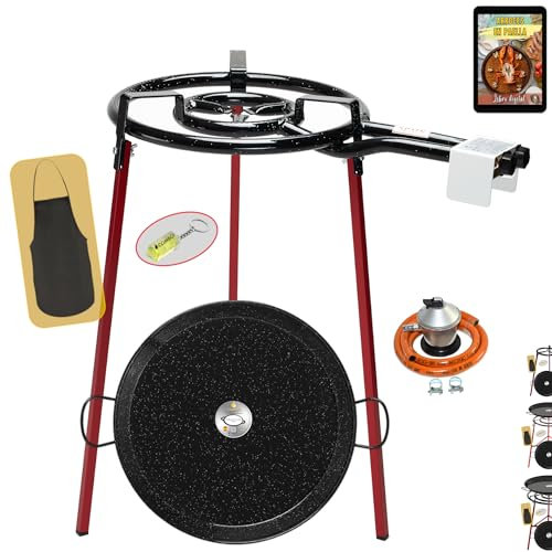 COMBOI Poêle à paella gaz et butane 46 cm, kit brûleur, régulateur, tuyau, pieds, support, niveau, tablier, livre recettes numérique
