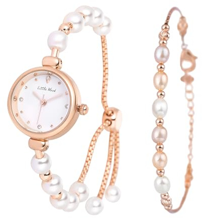 Avaner Damenuhren Mode Armband Set: Kleine Runde Damen Uhr Analoguhr mit Naturperlen Armbanduhr Schmuckschließe Armband Armbänder Geschenke für Frauen Mädchen