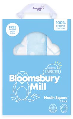 Bloomsbury Mill - Mulltücher für Baby - Weiche Mulltücher aus 100 % Bio-Baumwolle - Baby-Musselin 3 Stück - Große Spucktücher - Neugeborene Essentials - Blau & Weiß - 70 x 70 cm