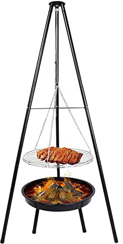 Barbecue a carbonella con treppiede, grigliate all'aperto, barbecue con braciere con catena girevole regolabile in altezza da 160 cm, griglia sospesa portatile per picnic, campeggio, barbecue, giardi