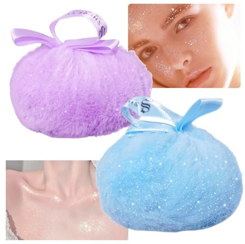 MKNZOME Highlighter Puder Powder Puff, Glitzer Highlighter Make Up Haare Body körper Gesicht Glitzer, Shimmer Patting Puder für Halloween Fasching Birthday Festival Accessoires, Lila + Blau