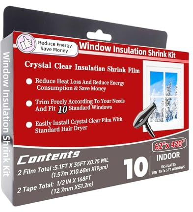 Indoor Window Insulator Kit- 10Windows（62-Inch x 420-Inch）,Clear Film