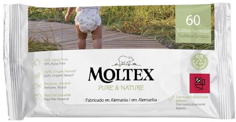 Toallitas Húmedas Ecológicas Infantiles Moltex. Toallitas para Bebé. Toallitas Húmedas Biodegradables sin Alcohol sin Perfume. Toallitas Pieles Sensibles. 12 paquetes de 60 unidades.