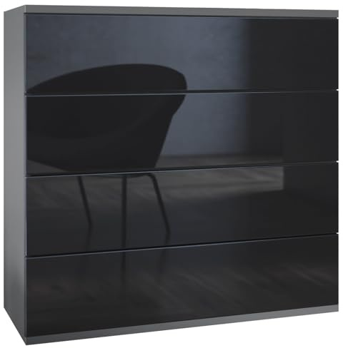 Vladon Kommode Pavos V3 hängend, Sideboard mit 4 Schubladen Anthrazit matt/Schwarz Hochglanz (76 x 76 x 35 cm)