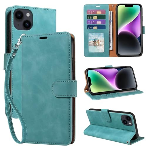 GOTOURED for iPhone 14 Plus Case Wallet, RFID Blocking Card Holder, Green | 4 Card Slots, Wrist Strap, Soft PU Leather Flip Cover, Kickstand, Cash Pocket, Magnetic Closure, TPU Shell Protective