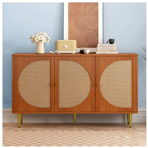 Aparador con 3 puertas decoradas en ratán, con asas y patas de apoyo de metal, mamparos ajustables, para dormitorio, salón y oficina, mueble entrada, aparador cocina, nogal, 129,8 x 40 x 76 cm