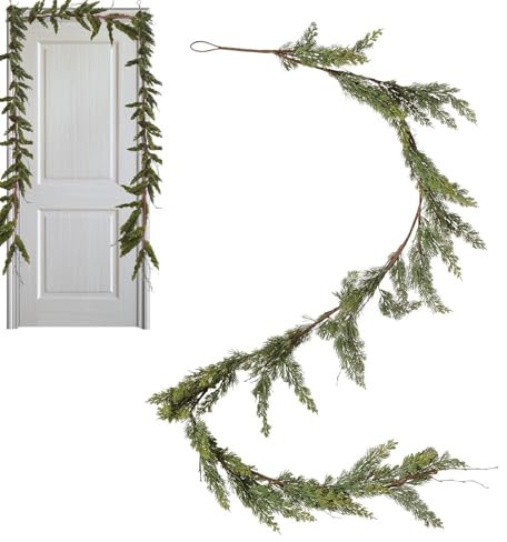 Realistic Greenery Cedar Pine Wreath - Christmas Cedar Garland, Artificial Cypress Vines Garland Decor for Wall Room Background, Indoor Outdoor Christmas Table