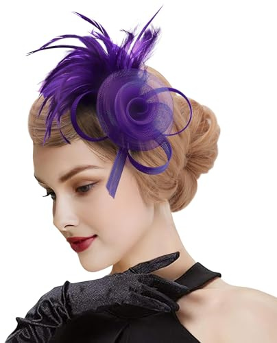 DRESHOW Mesh Flower Feather Fascinators with Clip and Head Band Cocktail Tea Party Headwear for Girls & Women
