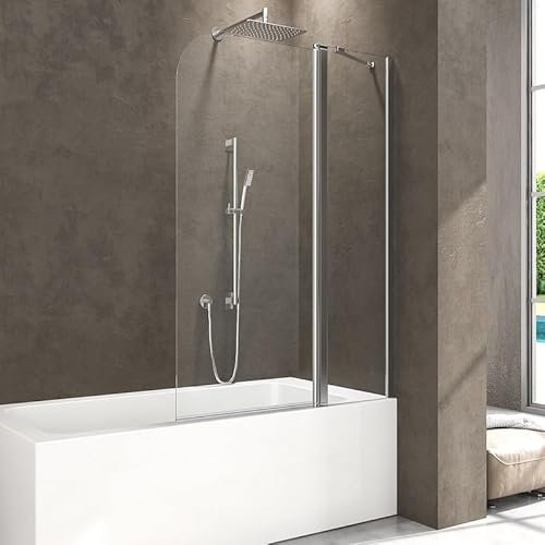 Duschwand für Badewanne 100x140cm Faltbar Duschabtrennung, 2-teilig Badewannenaufsatz Faltwand aus 6mm NANO Easy-clean ESG-Sicherheitsglas, Duschtrennwand Faltbare 180° Badewannenfaltwand in Chrom Alu