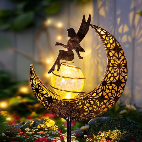 GIGALUMI Solar Lights Outdoor Garden, 1 Pack Fairy Moon Garden Lights Crackle Glass Ball Stake Metal Ornaments, Waterproof Outdoor Decorations for Yard, Path and Patio