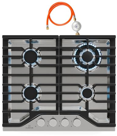 KLARSTEIN Turbocast - Piano Cottura a Gas, 4 Bruciatori, Acciaio Inox 304, Wok: 3,4 kW, Accensione Elettrica, Supporti in Ghisa, Kit per GPL Incluso, Fornello a Gas Professionale, 600x85x510 mm