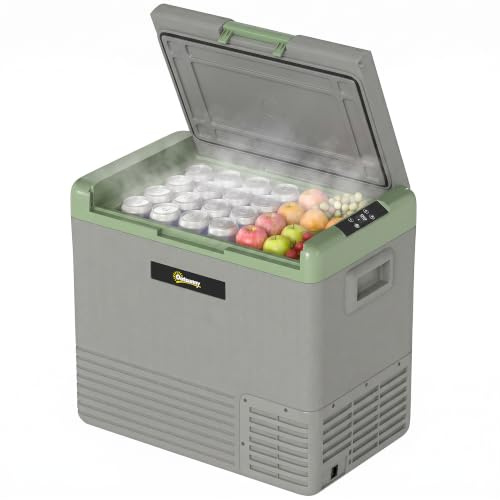 Outsunny 50L Car Refrigerator, Portable Compressor Car Fridge Freezer, Electric Cooler Box with 12/24V DC 110-240V AC for Camping, Campervan, RV, Boat, Travel, Truck, Down to -20℃, Light Green/Grey