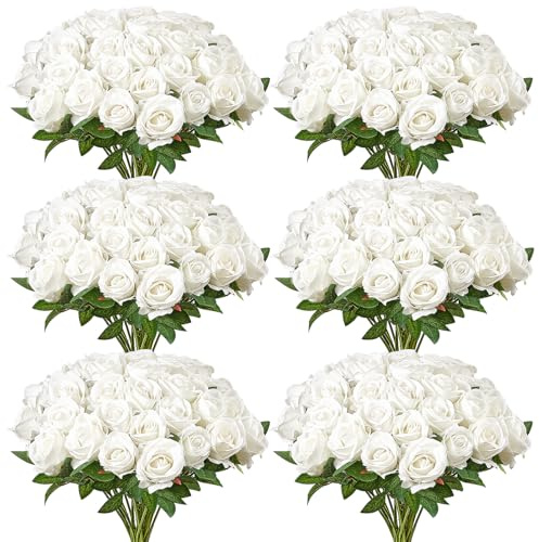 VEVOR Flores Artificiales, 120 Rosas Artificiales de Espuma Blanca de Aspecto Real a Granel, Rosas Blancas Artificiales con Tallos para Ramos de Boda, Centros de Mesa y Decoración de Mesas de Fiesta
