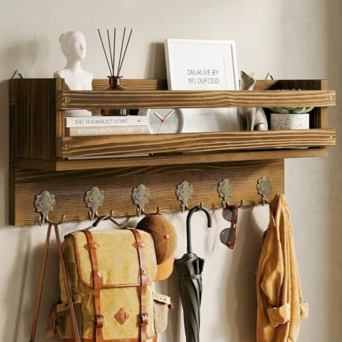 Bekrvio Garderobenleiste Holz mit Ablage, 6 Doppelhaken, 58 cm Wandgarderobe aus Kiefernholz, Rustikal Vintage, für Flur, Eingangsbereich, Schlafzimmer, Braun