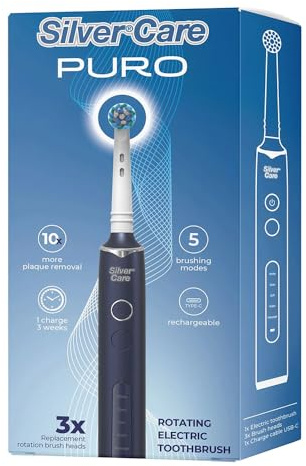 SilverCare Puro Spazzolino Elettrico Rotante, 5 Modalità di Spazzolamento, 3 Testine di Ricambio, Ricaricabile USB-C
