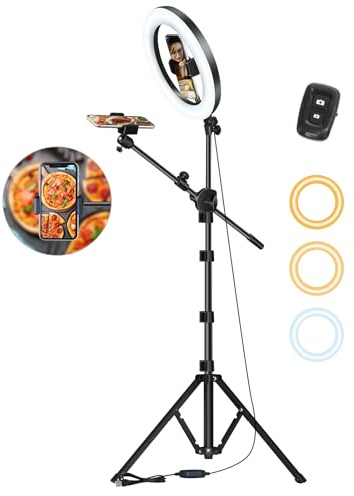 LUXSURE 10.5 Ring Light with Stand 75'' Tall and 2 Phone Holder, Overhead Tripod with Remote for iPhone, Tripod with Ring Light for Cooking/Live Stream/Video Recording