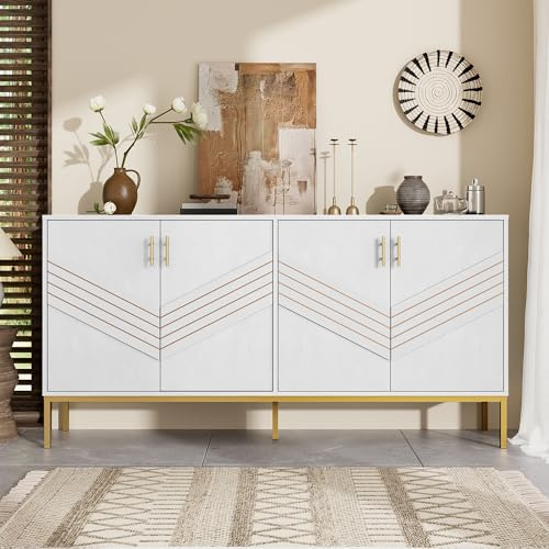 Byrå med dörrar, vit skänk, köksskåp med justerbara skiljeväggar, vardagsrumsskåp/highboard med metallben och handtag, förvaringsskåp för kök, vardagsrum och hall (vit)