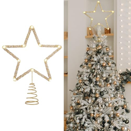 Jenaai 9.8'' LED Rhinestone Star Christmas Tree Topper Gold Metal Star Xmas Tree Topper Treetop Lighted Glitter Ornaments for Xmas Decoration Holiday Party Gift