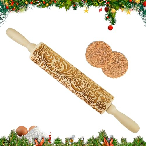 BNGXR Weihnachten Geprägt Teigroller, Weihnachten Präge Nudelholz, 3D Holz Nudelholz mit Muster, Weihnachten Nudelhölzer, DIY Weihnachten Präge Nudelholz für Hausgemachtes Gebäck