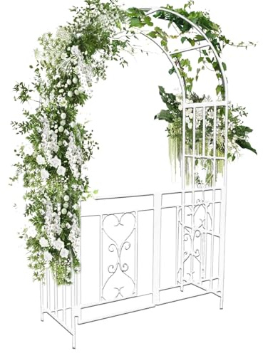 Arche de jardin en métal avec porte, pergola blanche pour plantes grimpantes, treillis d'extérieur pour roses, tonnelle décorative parfaite pour la décoration de jardin et de terrasse