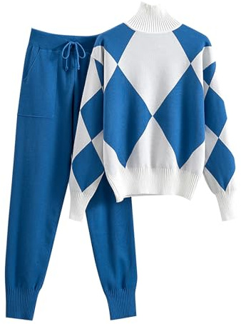 HEONSATI Completi Maglina Donna Tute Due Pezzi Tuta Maglia Elegante Set Coordinato Casual Invernale Maglione Manica Lunghi e Pantaloni a Gamba Larga Completi Felpata Completio da Ginnastica Lavorati