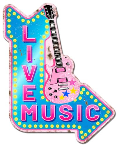 GLOBLELAND Live Music Metal Tin Sign 10.6x8.5 inch Colorful Guitar Arrow