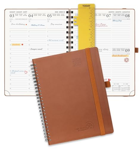 POPRUN Kalender 2026 2027 Wochenplaner, ca. A5 Spiralbuch mit Softcover | 17-Monate-Terminplaner,(Aug,2026-Dez,2027),1 Woche 2 Seite,ca,A5(21,8 x 16,4cm)(Braun)