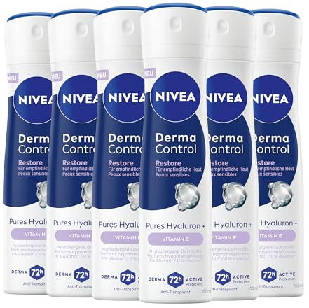 NIVEA Derma Control Restore Deo Spray (150 ml), Deodorant für empfindliche Haut, Antitranspirant mit hypoallergenem Duft, Hyaluron und Vitamin E, bietet 72 Stunden Schutz (6 x 150 ml)