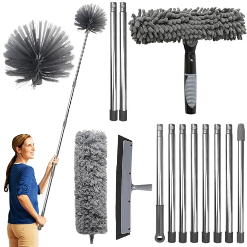 BRRDAQU 4-in-1 Staubwedel Teleskop 445cm Waschbare Spinnenwebenentferner Mikrofaser Bezüge für Spinnweben Fenster Ecken & hohe Decken inkl. Fensterreiniger und Abzieher Spinnenbesen