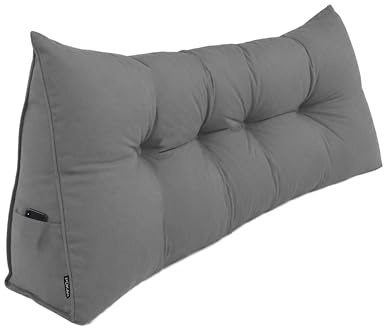 POKAR Rückenkissen 200x50x20 cm | Lesekissen für Bett und Sofa | Großes Keilkissen als Sofakissen für Rückenlehne | Wandkissen mit praktischen Seitentaschen | Oeko Tex 100 Zertifiziert | Grau