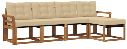 HETFTJN Outdoor-Sofagarnitur, Lounge-Set aus massivem Akazienholz & Textilene, 5-teilige modulare Sitzgruppe mit Kissen für Garten, Terrasse und Hinterhof, Natur Beige