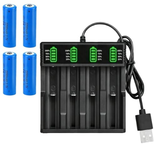 RNPKZ Batteria ricaricabile da 3,7 V con caricabatterie, 2 pezzi, 2200 mAh, NIMH ricaricabile, con caricatore a 4 soli, caricabatterie con cavo USB, indicatore LED, per torcia, torcia frontale