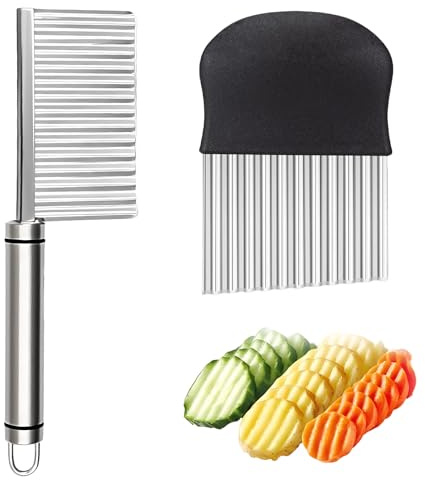 Lot de 2 Coupe Frites Manuel, Couteau à Vagues en Acier Inoxydable pour Pommes de Terre et Légumes, Trancheuse Ondulée Professionnelle pour Frites Maison, Carottes et Chips Gaufres