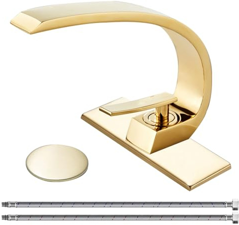 Wovier Glänzend polierte, goldfarbene Waschbeckenarmatur, einzigartiges Design, Einhebel-Einloch-Waschtischarmatur, Waschtischarmatur mit Zulaufschlauch und Ablaufgarnitur