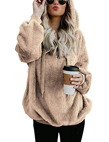 iWoo Hoodie Damen Kapuzenpullover Teddy-Fleece Pullover Langarm Sweatshirt | Hoodie Damen Kapuzenpullover Teddy-Fleece Pullover Herbst Winter Warm Oberteil Langarm Einfarbig Casual Sweatshirt