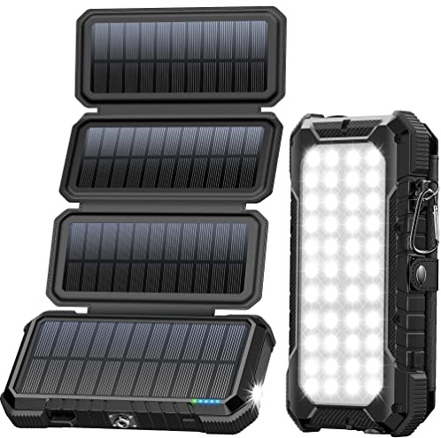 BLAVOR Solar Charger Power Bank, PD 18W Fast Charging 20000mAh Battery Pack with 4 Foldable Panels, Portable Solar Powered USB C Charger with Camping Flashlight Compass Carabiner for Cell Phone