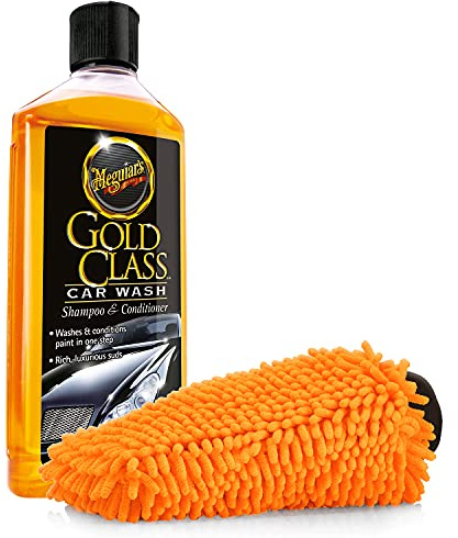 detailmate Auto Wasch- und Pflegeset für die optimale Handwäsche: Meguiars Gold Class Car Wash Autoshampoo 473ml Mikrofaser Waschhandschuh orange
