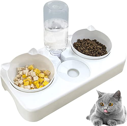 doepeBAE Doppelnapf Katzen, 3 in 1 Automoatsierte Futernapt Wasersepender für Katze Neigbar Katzenpfe Abnehmbar für Kleione und Miteltgro Hunde und Katzen(Weiß)