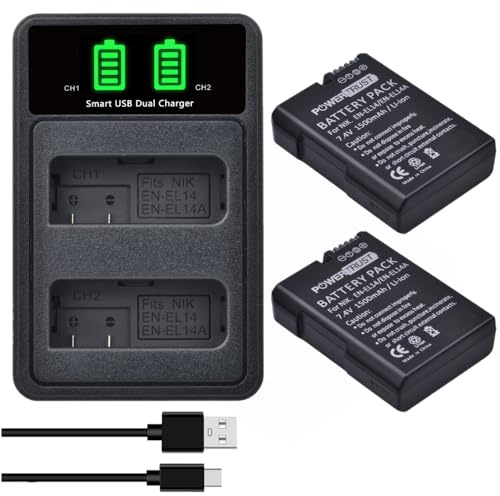 PowerTrust 2Pcs EN-EL14A EN-EL14 Akku und Ladegerät für Nikon D3500 D3400 D5600 D5500 Coolpix P8000 D3300 D5300 Df D5200 D3200